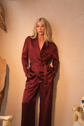 Burgundy brown satin suit set women elegant tailored outfit