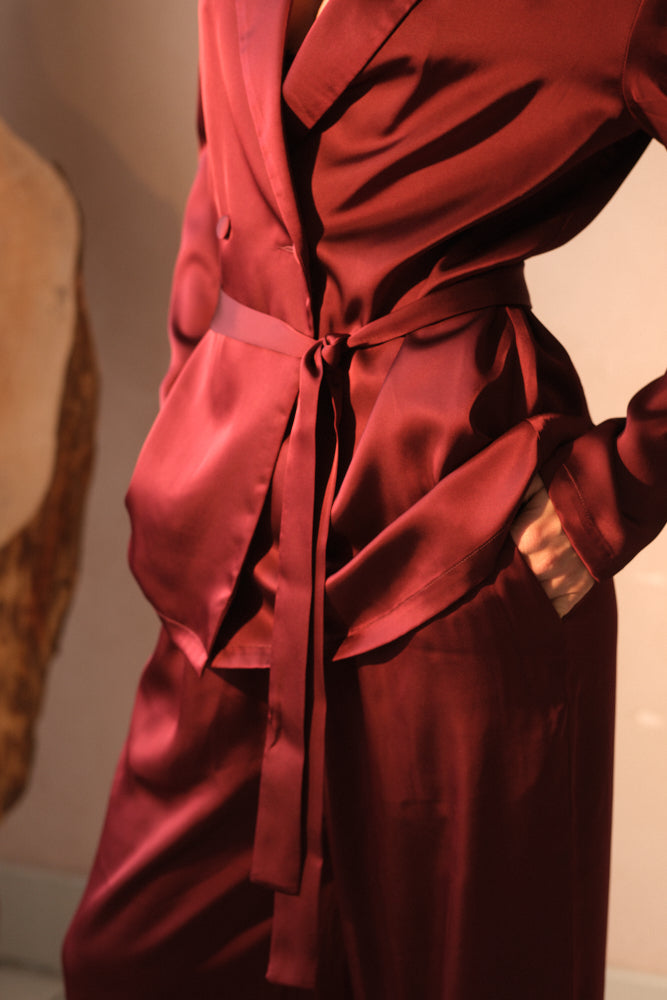 Burgundy brown satin suit women elegant evening tailoring