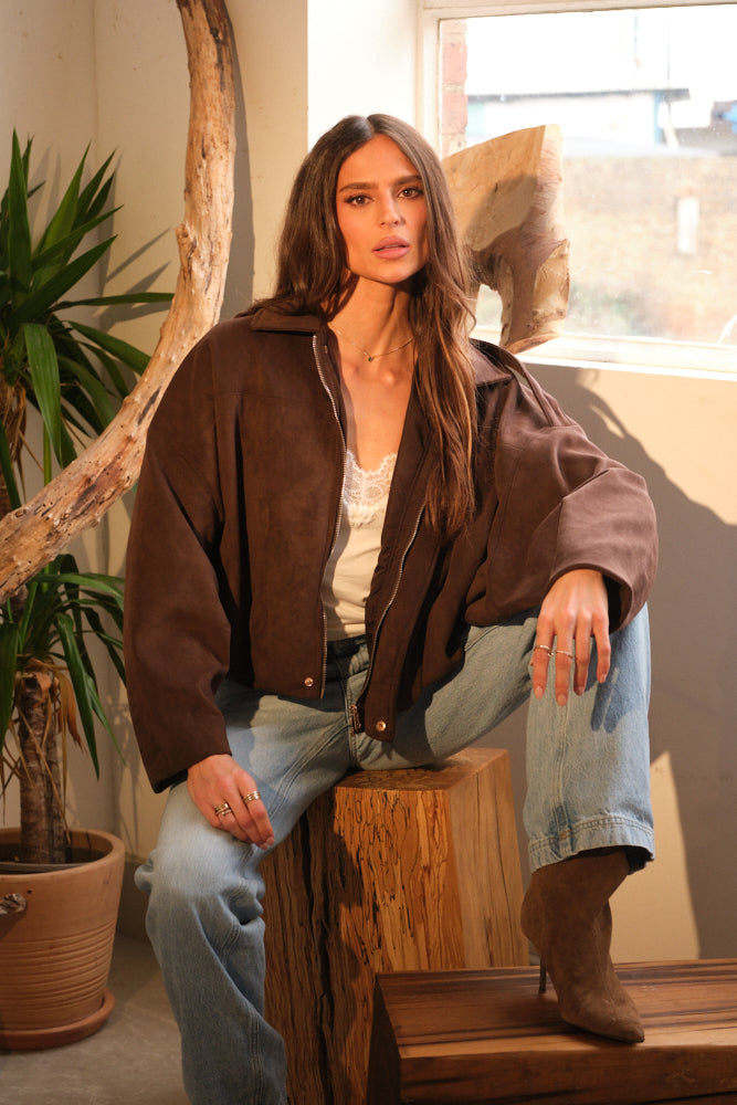 Chocolate brown bomber jacket women casual outfit styling