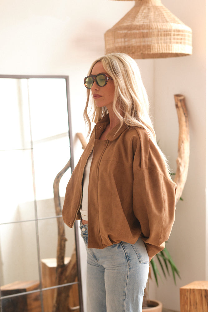 Beige bomber jacket women relaxed everyday outfit