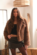 Chocolate brown faux fur coat women winter outfit