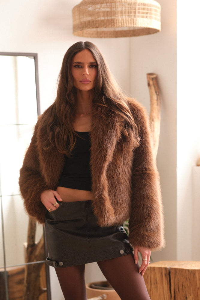 Chocolate brown faux fur coat women winter outfit