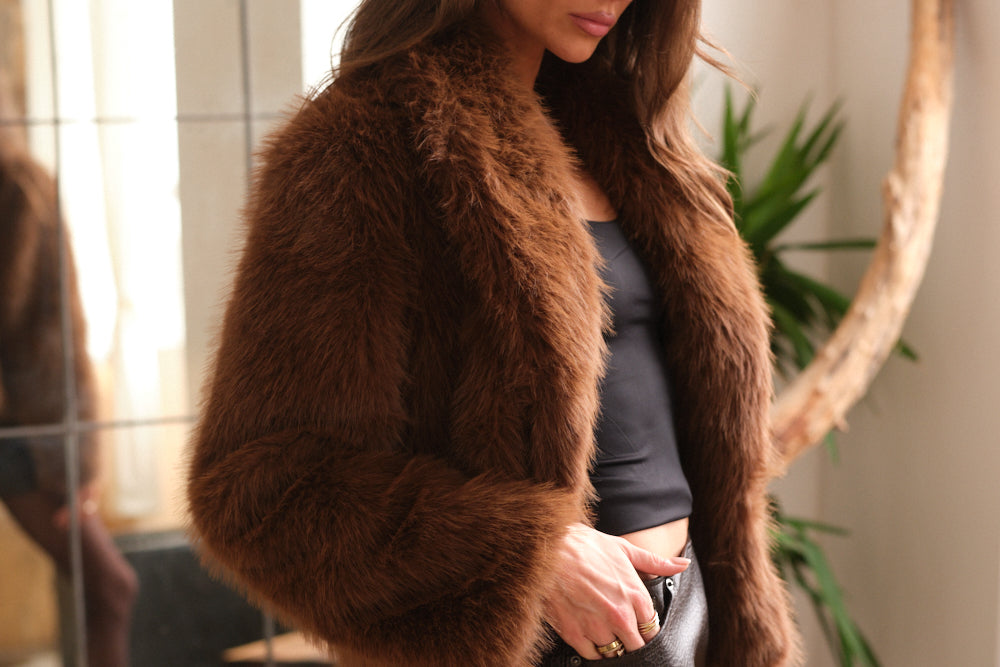 Chocolate brown faux fur coat women winter outfit