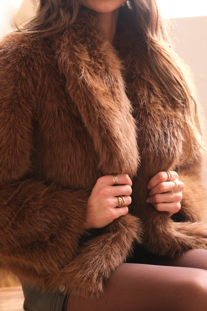 Chocolate brown faux fur coat women winter outfit