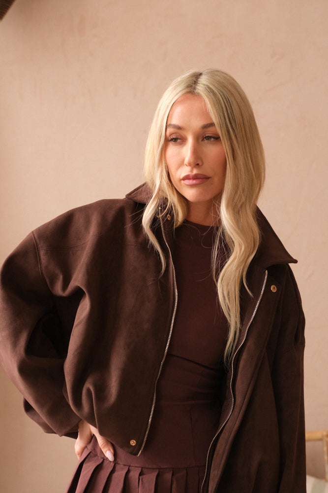 Chocolate brown bomber jacket women chic casual fashion