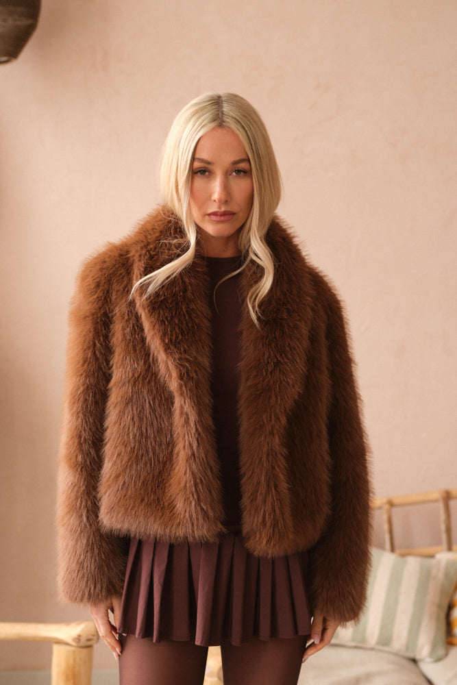Chocolate brown faux fur coat women winter outfit
